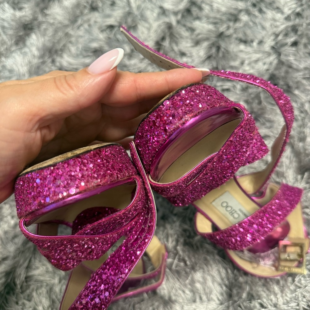 Jimmy Choo Vamp Pink Glitter High Heels Platform 37.5 - Picture 7 of 7